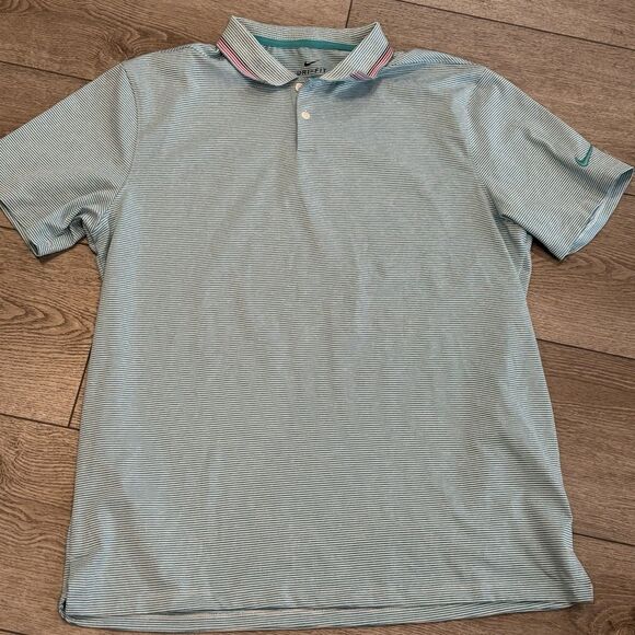 Nike Dri-Fit Polo Shirt Mens Large Teal Pink Striped Swoosh Golf Casual Lot Of 2 - Picture 2 of 11